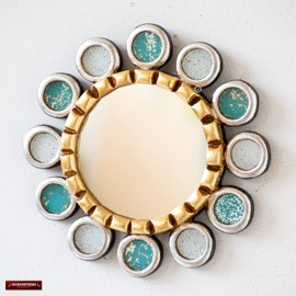 Decorative Turquoise Round Mirror 7.8in for wall home decor | Peruvian Hand-painted glass Accent Wall Circle Mirror for living room decor (Turquoise & White)