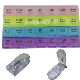 Weekly Pill Holder|Pill Dispenser|1,2,3,4 Outlets|Daily Pill Box and Pill Cutter|28 Compartments|Travel or Holiday Pill Organizer