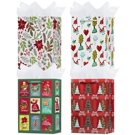 OFIHANLY 4 Pack 9" Small Size Christmas Gift Bags with Handles for Xmas Holiday Presents Reusable Red&Green&White Cute Paper Wrapping Bag with Tissue Paper for Kids