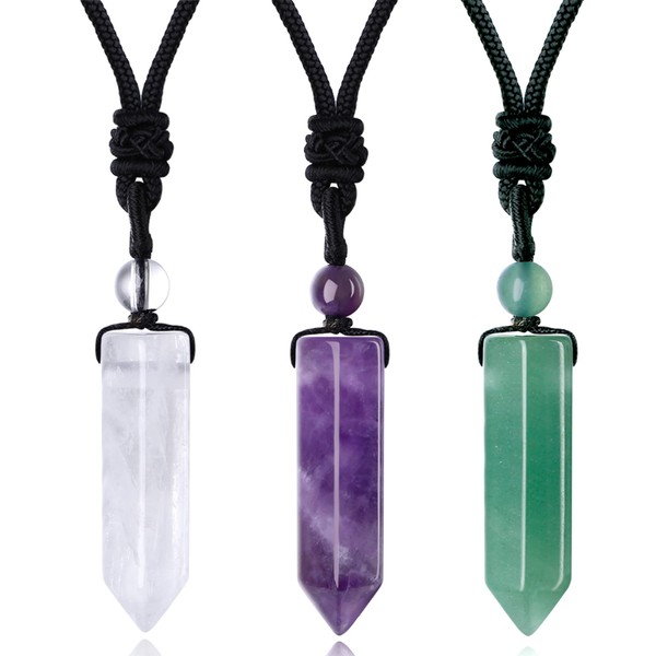 MAIBAOTA 3 Pcs Healing Crystal Stone Necklaces for Men Women Amethyst Clear Quartz Green Aventurine Natural Crysal Gemstone Adjustable Rope Point Pendant Necklace Jewelry