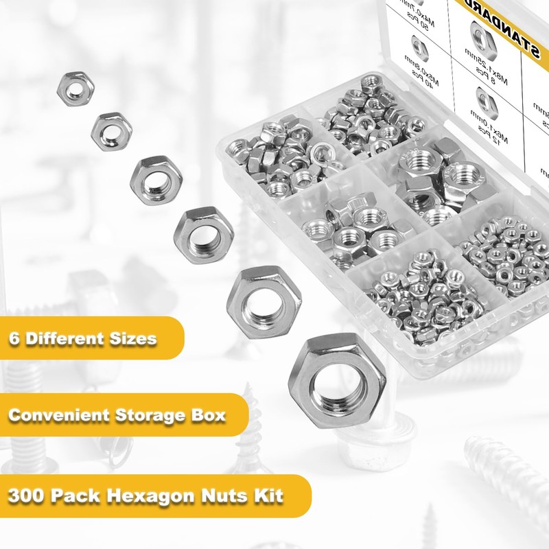 300pcs Hex Nuts Assortment Kit M2.5 M3 M4 M5 M6