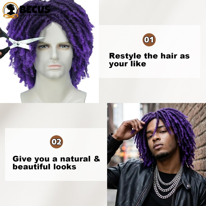 Mens Purple Dreadlock Wig 12" Short Locs Wig for Cosplay