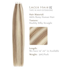 Lacer 18 INCH Tape Hair Extensions Human Hair 50 Grams #6 Brown Highlighted with #60A Blonde Highlights 20 Pcs Tape in Skin Weft Remy Human Hair