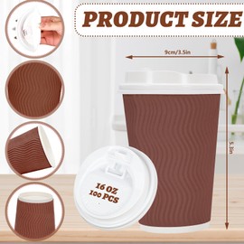 JarThenaAMCS 100Pcs Brown Disposable Coffee Cups with Lids 4 Gradient Brown Paper Cups Corrugated Ripple Wall Insulated Hot Cups for Home Office Party Supplies