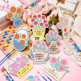 Geelin 16 Set Mother's Day Crafts for Kids Happy Mother's Day DIY Wooden Flowers Crafts Set Colorful Painting Wooden Flowers Gift with Painting Tools for Boys Girls Classroom Home Party Decor 8 Styles