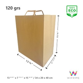WIPRIME Model MIAMI – Pack of 100 Brown Kraft Takeout Paper Bags with Flat Handles – 13.375 x 7.875 x 15.75 Inches – Heavy-Duty & Perfect for Restaurants, Food Delivery, Retail & Catering
