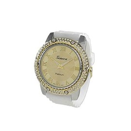 GENEVA PLATINUM 12278712 Women's Czech Rhinestone Roman Numeral Silicone Watch-WHITE/GOLD