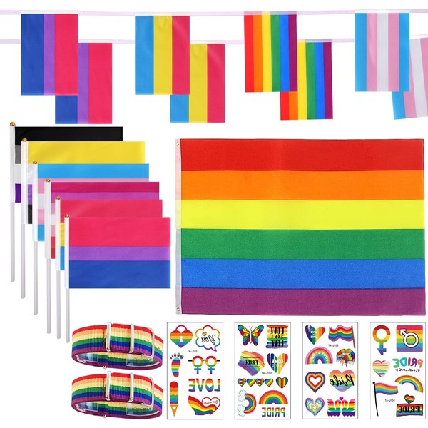 BOFYTR 20 PCS Pride Decoration Set, Include Waterproof and Reusable Pride Flag 5ft x 3ft, Handheld Small Flags, Pride Bunting, Rainbow Gay Pride Sticker and Pride Bracelet for Parade Festival