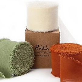 Ribbli Fall Ribbon 1.5 inch x 30 Yard Handmade Silk, Ivory/Dusty Sage/Terracotta Fringe Chiffon Ribbon for Wedding Invitations, Bridal Bouquets Wrapping, Flower Arrangement Decoration