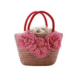 Kimonoya Sarasa kk-137 Yukata or Summer Fashion, Drawstring Basket Bag with Flower Decoration, B. Red