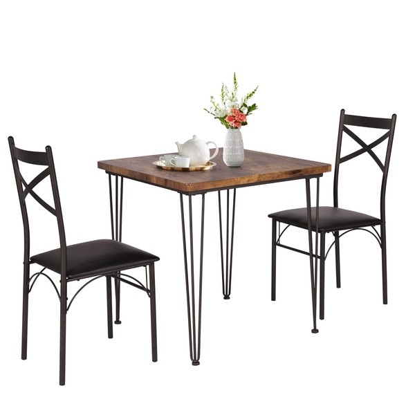 VECELO 3 Piece Kitchen Room Chairs Set for Dinette, Breakfast Nook, Farmhouse, Small Space, Modern Industrial Style, Dining Table for 2, Vintage Brown