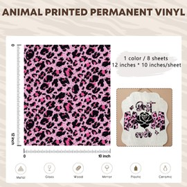 Tintnut Leopard Print Pattern Permanent Vinyl - 8 Sheets 12 x 10inches Pink Leopard Patterned Permanent Adhesive Vinyl for Cutting Machine,Home Decor Self Sticker
