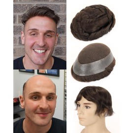 BEEOS Australia Toupee Hair for Men, 8x10 Inch French Lace Top with Transparent PU Around Base Mens Wig, Indian Remy Human Hair Mens Replacement System 130% Density #5 Brown