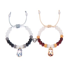 FDEETY Women's Bracelet 2 Pieces Glass Beads Cute Cats Heart Magnetic Bracelets Ideal for Girlfriends Children and Gift Special Occasions, Glass beads + acrylic beads + alloy, Glass beads + acrylic