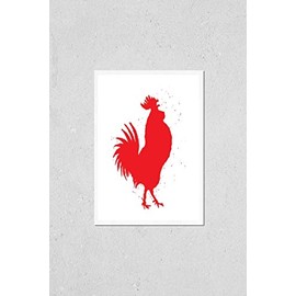 Poster Reproduction of Chinese zodiac red rooster for Chinese New Year. Rooster silhouette Chinese calligraphy imitation. Ink brush painting, Inksticks or India ink hair texture on the edge of