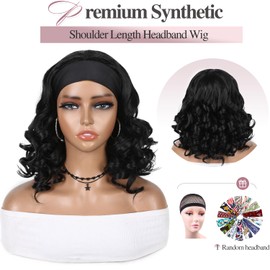 Fancy Hair Short Wavy Headband Wigs Wear and Go Short Bob Wig Synthetic Shoulder Length Headband Wig for Black Women (Natural Black)