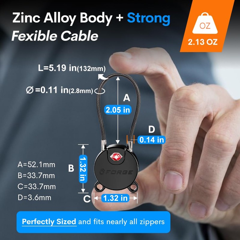 Forge TSA Approved Luggage Locks Ultra-Secure Dimple Key Cable Locks