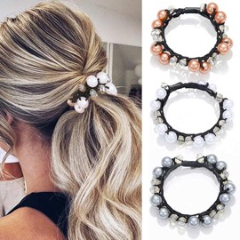 CAKURE Pearl Hair Ties Beaded Ponytail Holder No Damage Hair Scrunchies Black Elastic Hair Bands Hair Accessories for Women and Girls (Pack of 3)