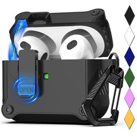 Compatible with Airpods 3rd Gen Protective Case 2021 for Women Men and Rugged Armor and Compatible with AirPods 3rd Generation Case LED on the Front Visible with Carabiner Black