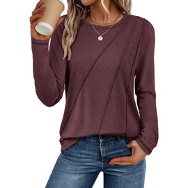 ATHMILE Womens Long Sleeve Shirts Pleated Crew Neck Casual Fall Fashion Tops Loose Fit Lightweight Girls Outfits Clothes Wine Red