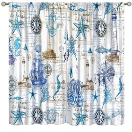 Nautical Theme Vintage Window Curtains Retro Lighthouse Sea Starfish Conch Coral Pattern Print Rod Pocket Curtains Decor Window Drapes for Living Room Bedroom Kitchen 2 Panels 42x45in