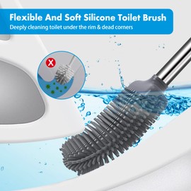 Toilet Brush, Silicone Toilet Brush and Holder, Flexible Toilet Bowl Brush Head with Ventilated Holder, Wall Mounted Compact Toilet Brush Set for Bathroom Cleaning (2, White)