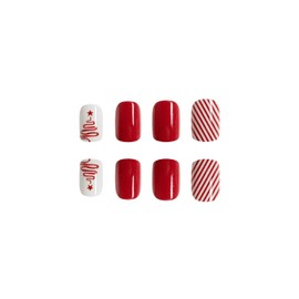 Christmas Press on Nails Short Square Winter Fake Nails Red White Full Cover Xmas Tree Candy Cane False Nails with Designs Glossy Glue on Nails Acrylic Nails Artificial Nails for Women Girls 24Pcs