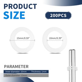 Pack of 200 Washers Door Hinge, Special Fitting Rings Made of Plastic, Door Hinge for Room Doors, White, Diameter 10 mm x 15 mm x 1 mm