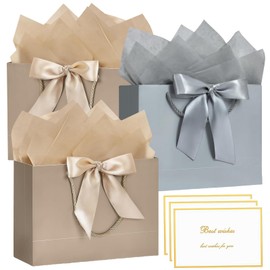 3Pcs Medium Gift Bags for Present 20 x 10 x 28 cm,Medium Mixed Gift Bag with Handle 6 Wrappers Tissue Papers and 3 Cards,Bow Ribbon Birthday Party Bags for Bridesmaid Wedding Christmas Valentines
