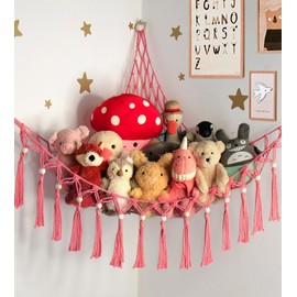 Stuffed Animal Hammock Corner - Toy Storage Hammock Plushie Net Hanging Organizer - Pink Room Decor for Teen Girls - Cute Bedroom Aesthetic Nursery Kids Baby Toddler