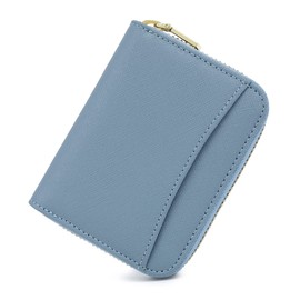 Honey&blue Women's Mini Wallet, Card Case, Bill Won't Break, Genuine Leather, Skimming Prevention, YKK Zipper, Saxophone Blue × Gray