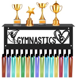 CREATCABIN Gymnastics Medal Holder with Shelf Sports Medal Trophy Hanger Display Rack Wall Mount Frame Decor Metal Medal Hooks for Hanging Medals Ribbons Dancer Athlete Medalist 11.8 x 5.1Inch Black