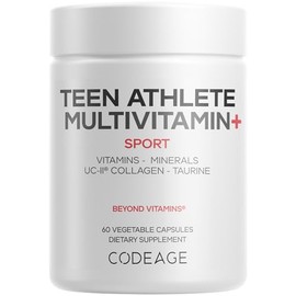 Codeage Teen Athlete Multivitamin+ Sports Supplement - Creatine, Methylated B Vitamins, Taurine, UC-II Collagen, Ferrochel Iron, Ashwagandha, Magnesium, Electrolytes - Non-GMO - 60 Capsules