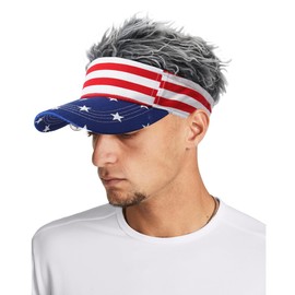 WULIQIUQIU Mens Visor Cap with Fake Hair Novelty Golf Hats Wig Hat Spiked Adjustable Baseball Cap American Flag Grey Hair