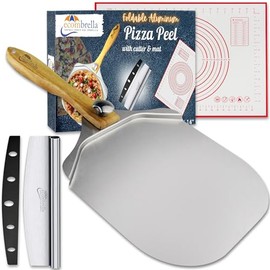 ECOMBRELLA Pizza Peel 12 inch – Metal Pizza Peel with Foldable Wooden Handle – Aluminum Pizza Paddle for Pizza Bread Dough - Free Pizza Making Accessories, Rocker Cutter & Pizza Mat