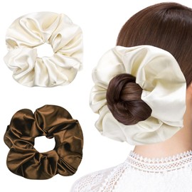 Yonchic Oversized Jumbo Satin Scrunchies for Women, Extra Large Big Hair Scrunchy, Soft Elastic Hair Ties Ponytail Holder for Thick Curly Hair (White & Coffee)