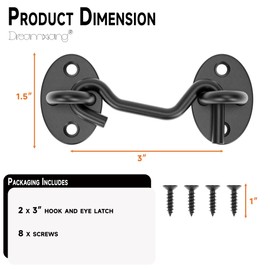 Dreamxiang 3" Privacy Eye Hook Door Latch for Screen Door, Window, Cabinet Barn Door, Fence Gate & More - Durable Hook and Eye Latch for 90° Right Angles to 180° Planes Black (2-Pack)