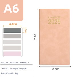 MANJIAMEI 2025 Pocket Diary PU Leather Soft Cover A6 Week to View Appointment Weekly Work Planner Organiser 120 Pages Daily Notebook Calendar Efficiency Handbook with Morandi Sticky Tabs (Pink)