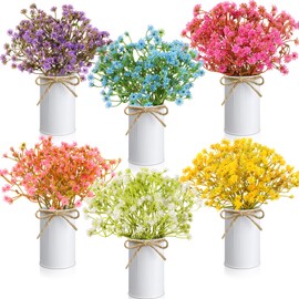 Wavwavw Spring Table Centerpieces Babys Breath Artificial Flowers with Vase Summer Floral Arrangement Purple White Pink Yellow Blue Fake Gypsophila Bouquets for Dining Table Home Wedding Party Decor