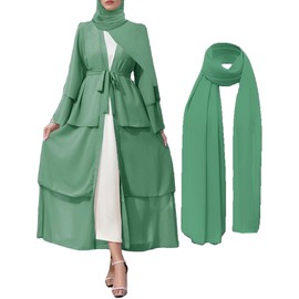 APRROOT Muslim Abaya Dress for Women Modest Muslim Robe Open Front Maxi Length Kaftan Muslim Dubai Dress with Hijab Belt Mint Green L