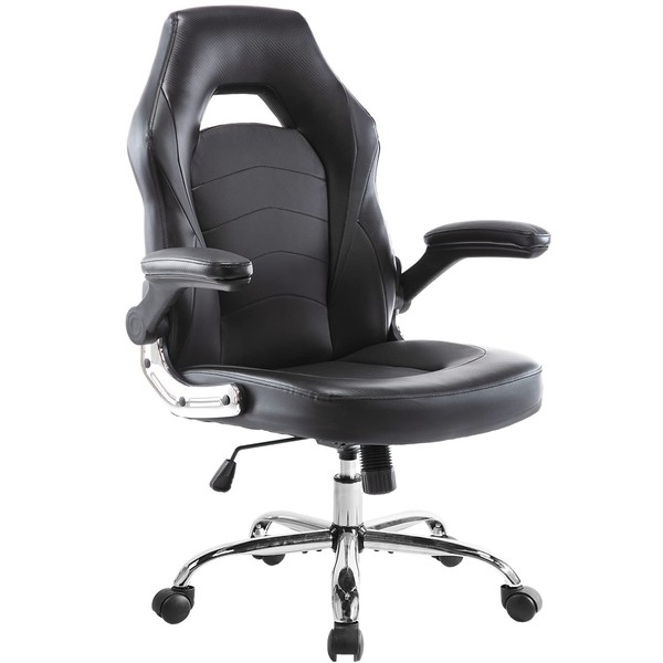 Office Chair, Gaming Chair Ergonomic Desk Chair Computer Chair PU Leather Executive Swivel Chair with Flip-up Armrests and Lumbar Support for Working, Studying, Gaming, Black