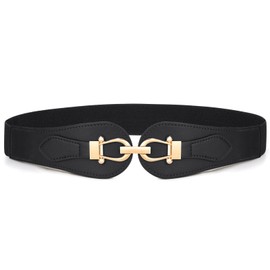 VONMELLI Wide Elastic Belts for Women Stretch Ladies Waist Belt Fashion Gold Buckle, Vintage Thick Black Womens Belts for Dress, L