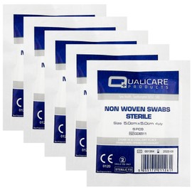 Qualicare None Woven 4PLY Sterile Gauze Medical Swabs Single Pack, 5cm x 5cm Sqaure - 5 Pack (25 Swabs)