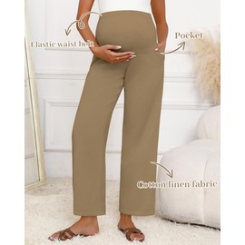 Huukeay Women's Cotton Linen Maternity Pants, High Waisted Lounge Pregnancy Pants Over The Belly Trousers with Pockets(Khaki,Small)