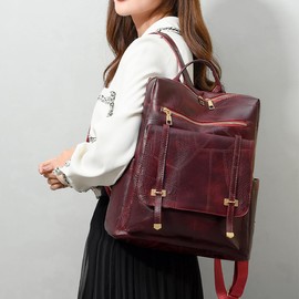 SONARIN Waterproof Backpack Women,Vintage PU Leather Women Fashion Backpack Anti-Theft Lightweight Casual Daypack Travel Backpack School College Bag for Girls Ladies(Red)