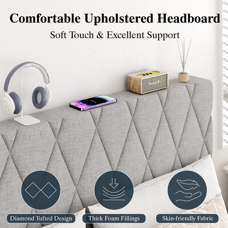 CXVX Full Size Bed Frame with Diamond Tufted Headboard, Linen