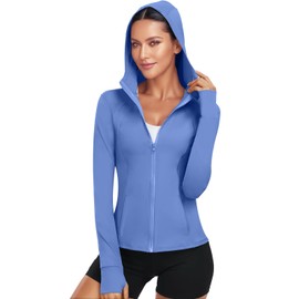 Xyvolix Hooded Women's Athletic Full Zip Lightweight Workout Jacket with Pockets and Thumb Holes Blue