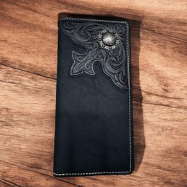 Western Stakes Mens Long Wallet Floral Tooled Leather Classic Concho Checkbook Style Cowboy Hand Crafted Bi Fold High End Mens Wallets Leather Gifts For Men (Black)