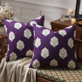 Purple Floral Pillow Covers: Throw Pillows Soft Accent Cotton Covers for Couch - 20x20 Decorative Patterned Room Decor Square Cushion Covers Pack of 2 Living Room,Bedroom,Sofa,Farmhouse