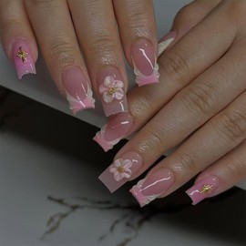 24Pcs French Tip Press on Nails Short Square Fake Nails with Nude Pink Design Autumn Acrylic Nails 3D Flower Nails Press on Gold Star False Nails Reusable Floral Glue on Nails for Women DIY Manicure